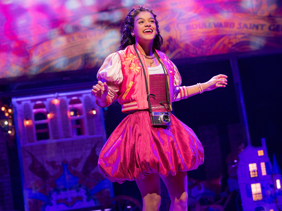 Gianna Harris as Juliet looks happy and excited in & Juliet on Broadway